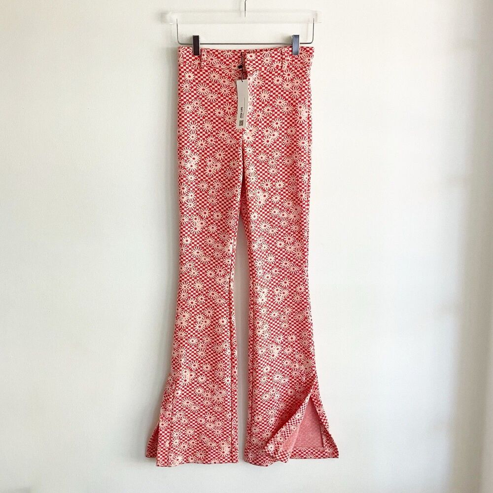 Zara High Rise Checkered Floral Knit Flare Bell Bottoms Pants Split Hem Small